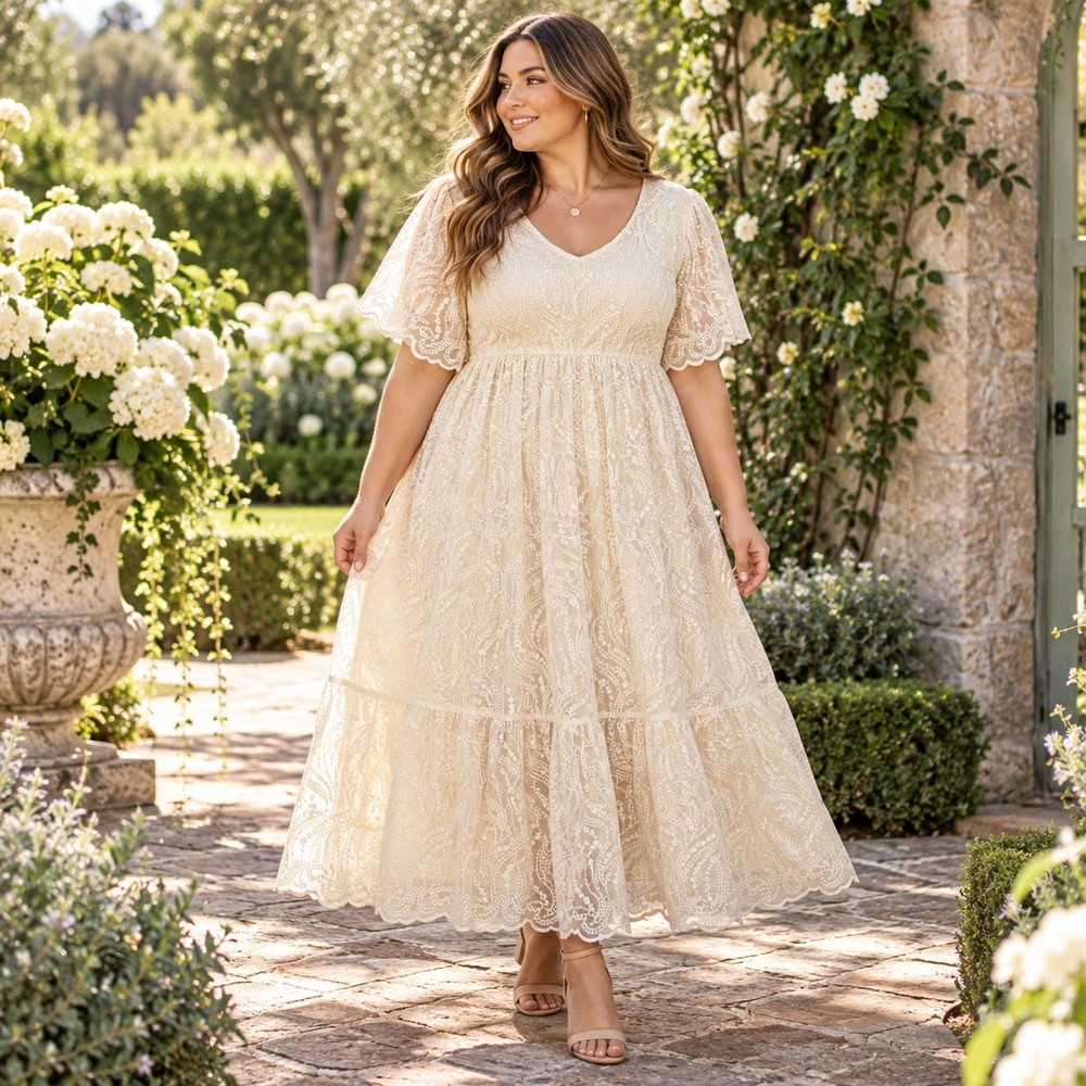 New Baltic Born Embossed Lace Tiered Midi Dress XL Cream Cottage Boho Romantic